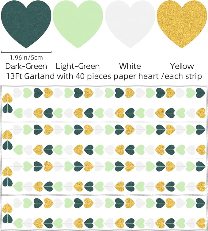 Sage-Green White Gold Party Decorations – 52Ft Paper Heart Garland Streamer Birthday Banner Engagement Bachelorette Wedding Baby Bridal Shower Valentines Day Hanging Decor