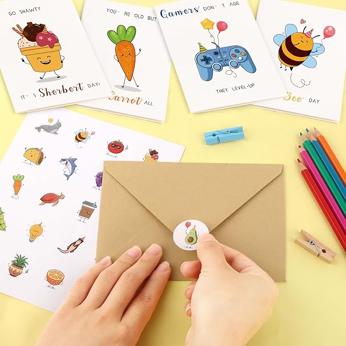 Hooqict 20 Funny Birthday Cards (4"x6") with 20 Envelopes & Stickers Happy Birthday Cards Assorted in Bulk Blank Greeting Card for Kids Boys Girls, Men, Women