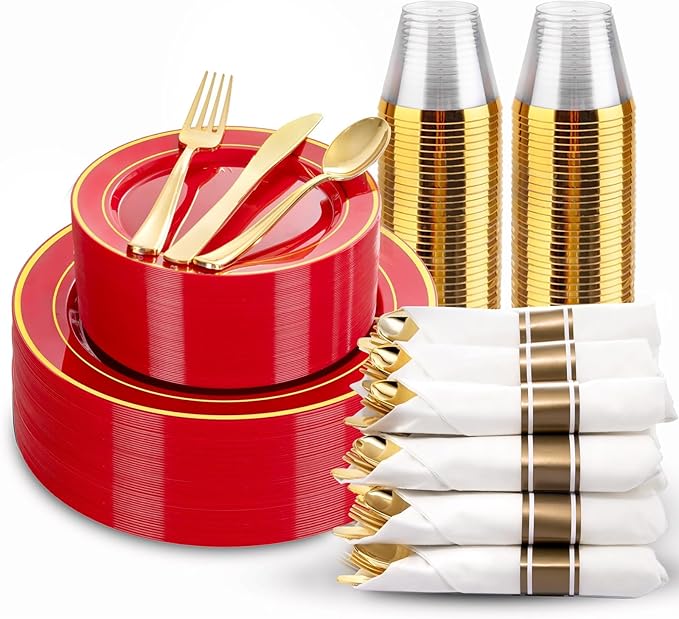 175 Pieces Red Plastic Plates with Gold Rim Include Dinner Plate 10? Dessert Plate 7? gold Cups 9 OZ, Pre Rolled Napkins 25 of each type for Wedding Baby Shower Spring Birthday