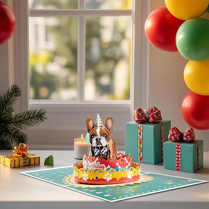 French Bulldog Pop Up Happy Birthday Greeting Card, ideal love Gift for Adult and Kid with Blank Note & Envelope, Foldable Celebration for Daughter, Son, Mom, Dad, Friend, Children