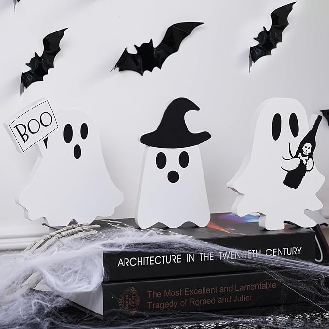 Halloween Decorations Indoor, Halloween Tiered Tray Decor Table Sign, Cute Ghost Decor Wooden Signs Ghost Blocks, Halloween Table Decorations Party Decorations for Mantle Home Shelf