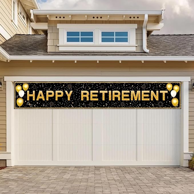 Retirement Party Decorations, Large Black and Gold Happy Retirement Banner, Retirement Party Decorations Men, Retirement Banner for Women (118" X 20")
