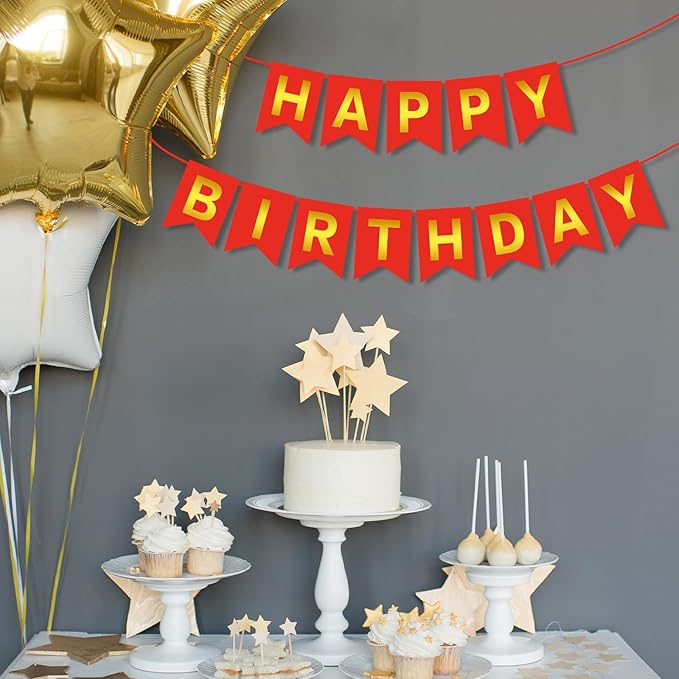 Red Gold Happy Birthday Banner Sign Happy Birthday Bunting Banner Garland for Kids Girl Woman Birthday Tea Party Decorations Bunting Flag Birthday Party Supplies