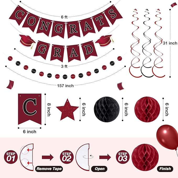 Congrats Grad Banner 2026 Graduation Decoration with Hanging Swirl Honeycomb Ball Circle Garland Grad Party Supplies for College Senior High School Classroom Decor(Burgundy and Black)