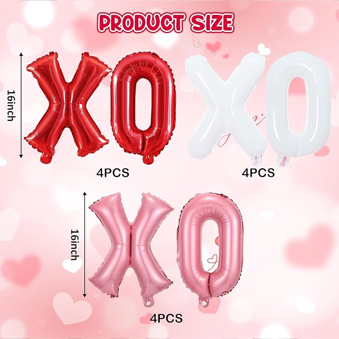 12 Pcs XO Valentines Balloons, 16 Inch Red Pink XOXO Letters Foil Mylar Balloons Banner Valentine Day Balloon Decorations for Romantic Galentines Day Bridal Shower Engagement Anniversary Party Decor