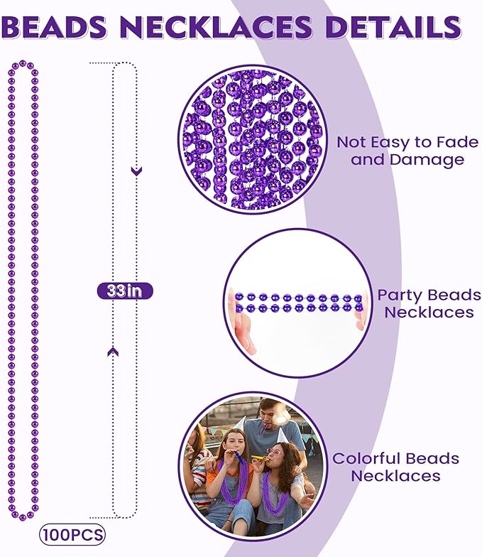 SHAOQINLIN 100 PCS Purple Mardi Gras Beads, Purple Beads Necklaces 33" Metallic Beaded Costume Necklaces Party Necklaces for Halloween Mardi Gras Parade Throws Wedding Birthday Party Favors