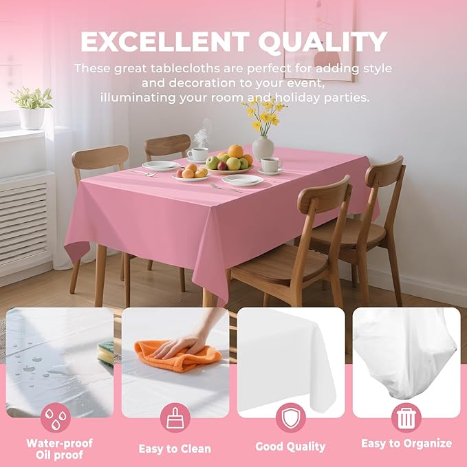 6 Pack Premium Disposable Plastic Tablecloth 54" x 108" Party Table Cloths Disposable for 6 to 8 Foot Tables Indoor or Outdoor Parties Birthdays Weddings Christmas Anniversary Buffet Table (Pink)