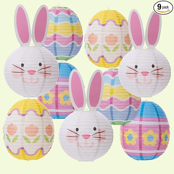 UNIQOOO 9PCS Easter Party Decorations Supplies Eggs Bunny Paper Lanterns Set For Kids, Reuseable 10’’ Pastel Color Hanging Lantern Decor for Home Outdoor Yard Tree Religious Easter Hunt Party Favors