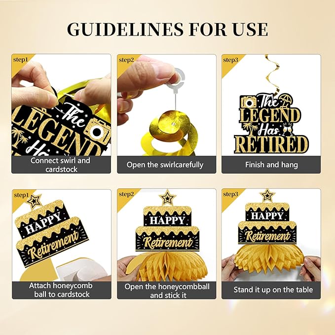 Retirement Party Decorations for Men Black Gold Happy Retirement Party Supplies Kit The Legend Has Retired Banner Backdrop Sash Table Centerpieces Hanging Swirls Pompoms 20PCS