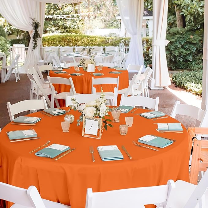 Mulbozy 12 Pack Orange Round Tablecloth, 84 Inches Plastic Orange Table Cover, Premium Disposable Round Party Tablecloth for Restaurant Dinners, Wedding, Grad Party, Baby Shower, Outdoor Camping