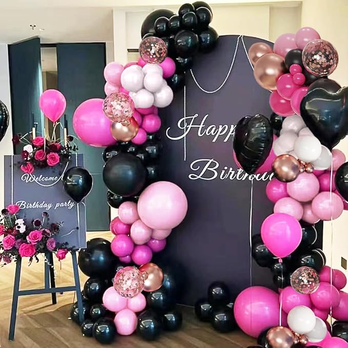 Hot Pink Black and Gold Balloon Arch Kit, 141Pcs Rose Red Black Dusty Rose Gold Metallic Pastel Pink White Balloons for Birthday Wedding Bachelorette Gender Reveal Anniversary