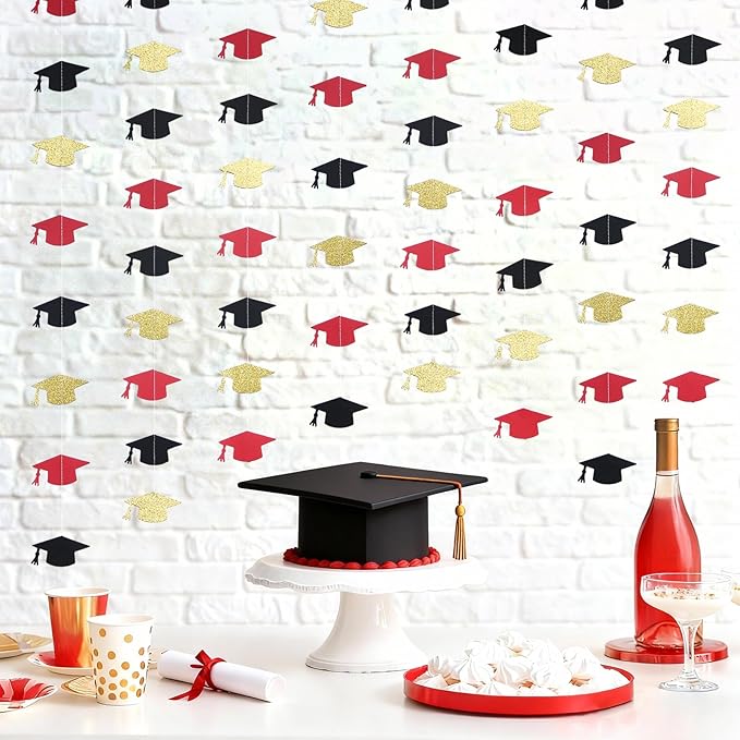 Red and Black Gold Graduation Garland Graduation Party Decorations Class of 2026 Grad Cap Garland Banner Streamers for Grad Party Hanging Decorations 39Feet