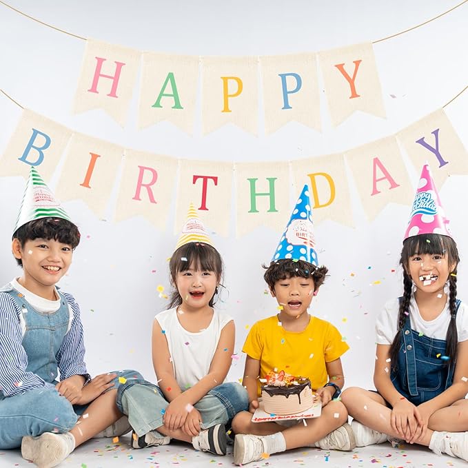 Doumeny Happy Birthday Burlap Banner Boho Birthday Bunting Garland Pastel Bohemian Sign Party Banner White Hanging Garland Rainbow Birthday Bunting Falg for Home Mantel Fireplace Nursery Backdrop