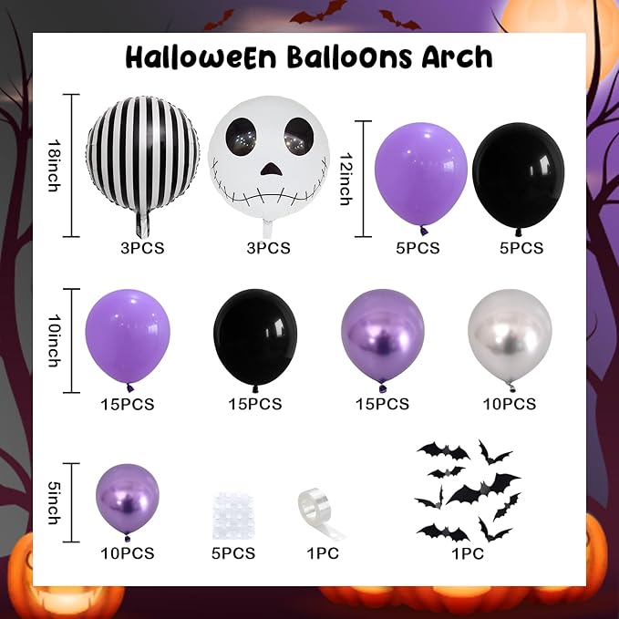 Skull Halloween Birthday Party Decorations Metallic Purple Black Silver Balloon Garland Arch Kit with Stripe Skull Balloons for Ghost Skeleton Trunk or Treat Halloween Birthday Baby Shower Decorations
