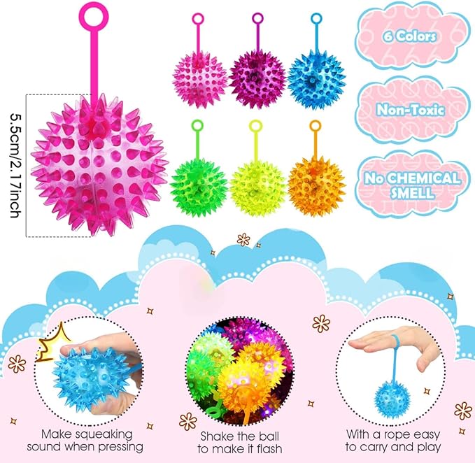 Sotiff 9 Pcs Light up Ball Spiky LED Bouncy Ball Flashing Squeaky Multicolor Puffer Toy Rubber Sensory Toy Carnival Prizes Bulk Party Favors for Teens, Adults, Children