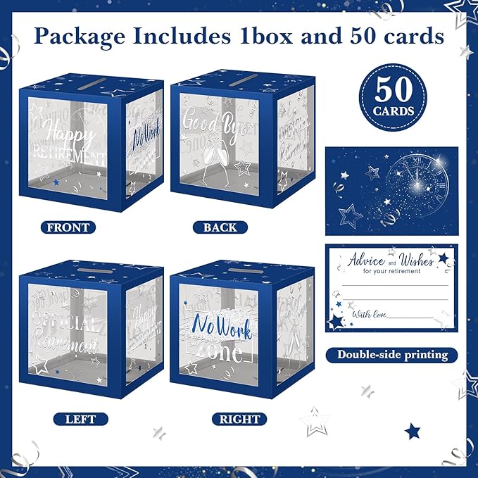 Funrous 51 Pcs Retirement Card Box Advice & Well Wishes Cards for Women Men Happy Retirement Party Decorations Going Away Party Favors(Blue and Grey)
