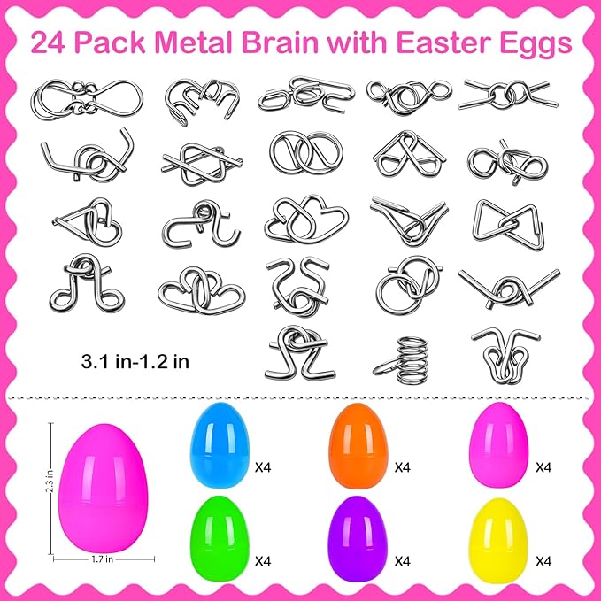 24 Pack Easter Egg Fillers with Metal Brain Teaser Puzzle Set Toys, Easter Eggs Hunts Filling Easter Basket Stuffers Stress Relief Toys Classroom Game for Kids Teens Boys Girls Easter Party Favor