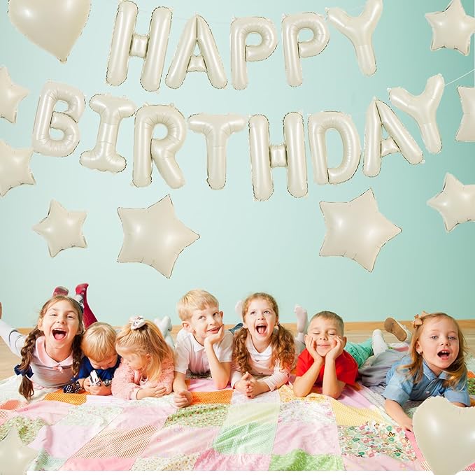 TONIFUL 31PCS Cream White Happy Birthday Decorations 16 Inch Happy Birthday Balloon Banner with Star Heart Balloons Mylar Foil Birthday Party Decorations Supplies for Men Women Adults Girls Boys Kids