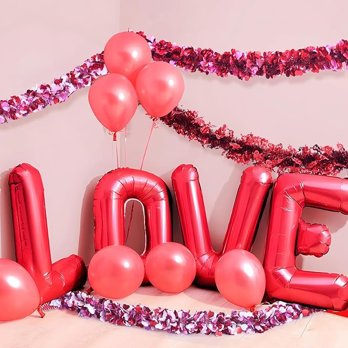 Meag-L Valentines Day Decorations 29.5Ft Heart Tinsel Garland 3PCS Red Pink White Valentines Day Decor Metallic Hanging Wreath Supplies for Home Mantle Tree Indoor Outdoor Wedding Galentines Day