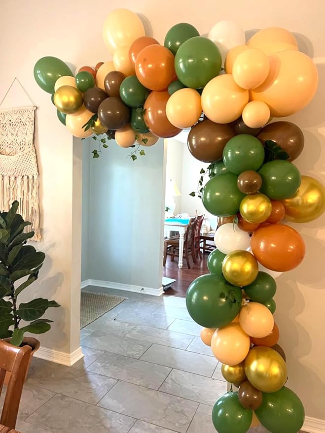 Green and Brown Balloons Set, 60 Pcs 12 Inch green brown balloons Jungle Safari Woodland Forest Balloon Metallic Gold Cream Brown Olive Green Coffee Blush Balloon for Baby Shower Birthday Decorations
