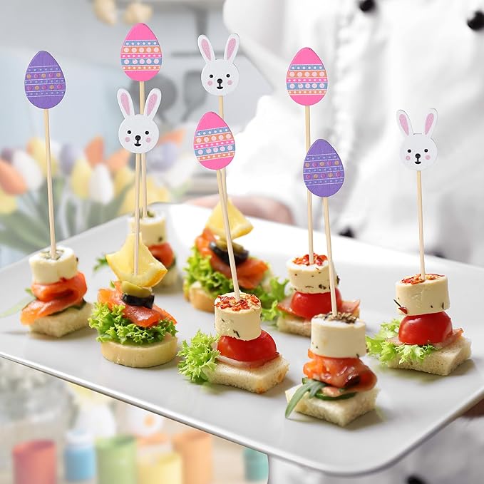 JtmyAota 100 Pack Easter Toothpicks for Appetizers, 4.7 Inch Natural Bamboo Cocktail Picks for Cake Dessert Food Fruit Easter Party Decorations