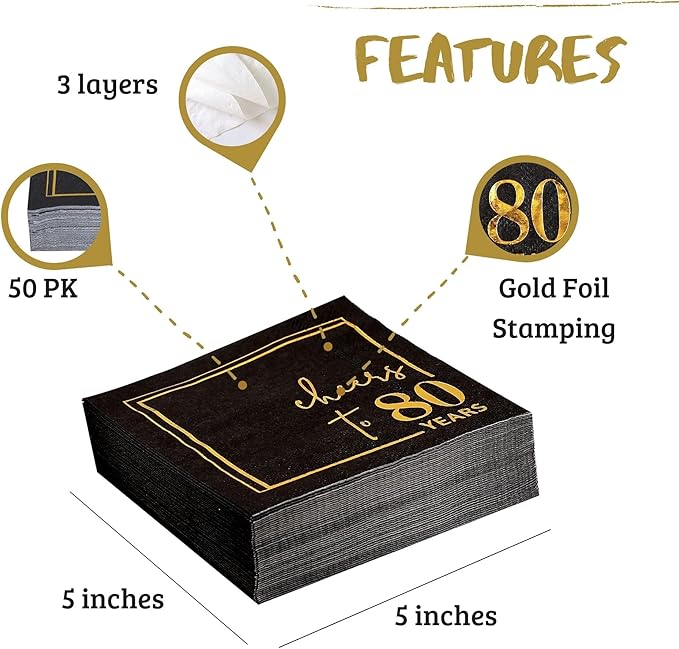 Cheers to Years Cocktail Napkins - 50 PK - 3-Ply Birthday Napkins 5x5 Inches Disposable Party Napkins Beverage Paper Napkins or Birthday Decorations Wedding Anniversary Black and Gold (80 Years)