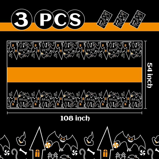 Childom 3 Pack Halloween Tablecloths,Disposable Plastic Tablecloths 54" x 108" Halloween Decorations,Plastic Table Cover for Birthday,Party Supplies,Holiday Table Cloth for Home,Dinner,Indoor,Outside