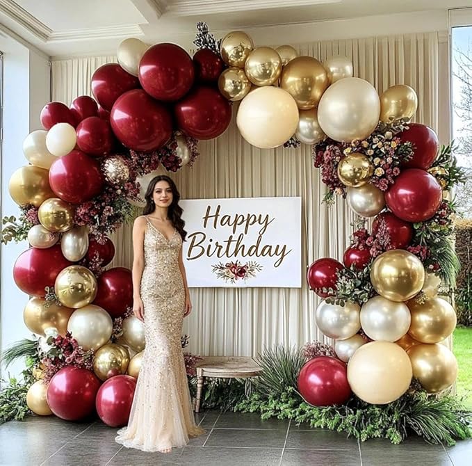 Burgundy Gold Balloons Garland Double Stuffed Wine Red Sand White Metallic Gold Latex Balloons Arch Kit for Bridal Wedding Anniversary Baby Shower Birthday Party Decorations