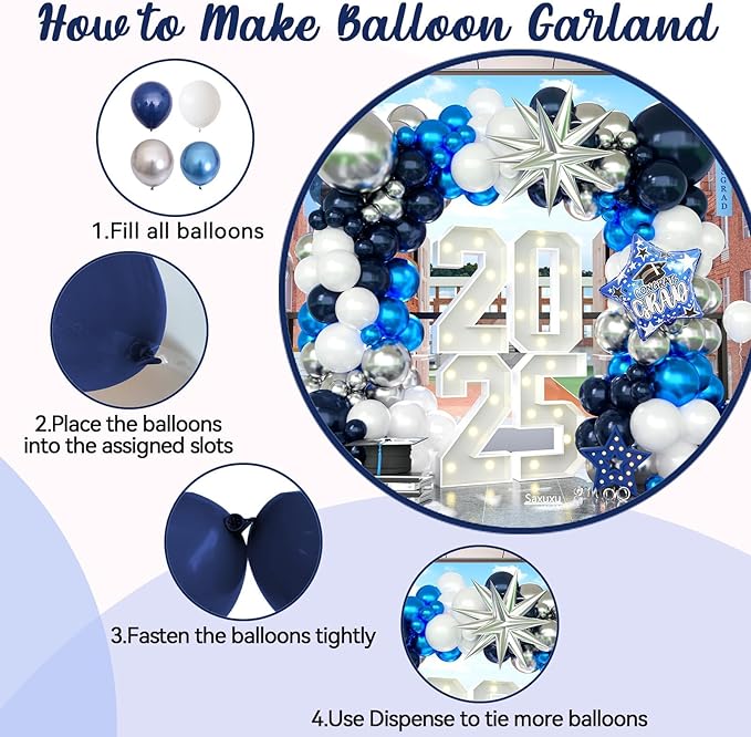 2026 Graduation Balloon Arch Kit, Blue Silver White Balloons with Congrats Grad Star Foil Balloons for Class of 2026 College High School Graduation Party Decorations