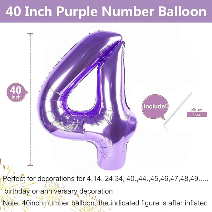 Purple Number Balloons, 40 Inch Purple Balloon 4.4 Helium Balloon 4th Birthday for 4 Years Birthday Decoration Children Girls Boys