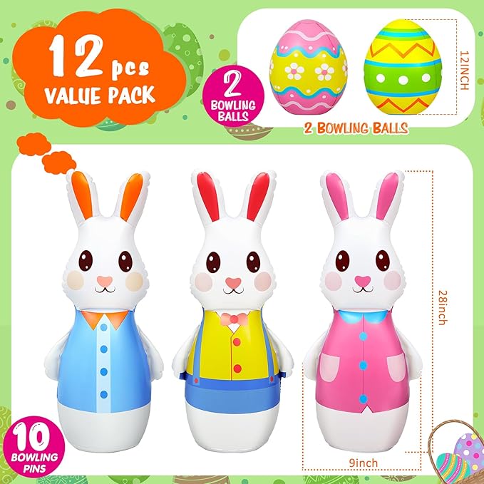 Shappy 12 Pcs 28 Inch Giant Inflatable Easter Bunny Bowling Set with Egg, Inflatable Easter Game for Kids Adults Family, 10 Pins and 2 Balls for Party Toys Indoor Outdoor Holiday Activities