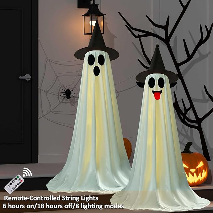 2Packs Halloween Decorations Outdoor, Cute Halloween Decorations Indoor, DIY Ghost Kit Decor with Witch Hat Remote Control String Lights, Spooky Ghost Scary Decor for Front Porch Yards Gardens Lawn
