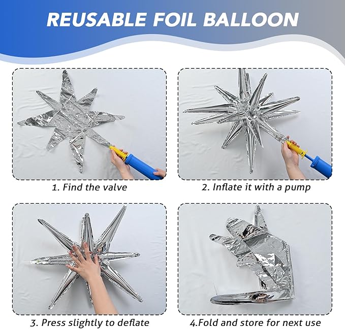 6PCS Blue Silver Star Balloons, 22Inch Large Navy Blue Silver Star Shaped Balloon Foil Spike Balloon Cone Balloons for Graduation Birthday Baby Shower Party Decorations