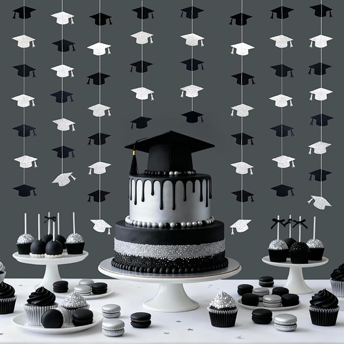 Black and Silver Graduation Garland Graduation Party Decorations Class of 2026 Grad Cap Garland Banner Streamers for Grad Party Hanging Decorations 39Feet