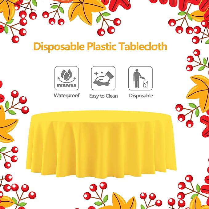 12 Pack Fall Plastic Round Tablecloths–84 Inch Disposable Autumn Table Covers in 4 Colors (Red,Orange,Yellow,Brown),Thanksgiving Harvest Party Decorations for Home Events