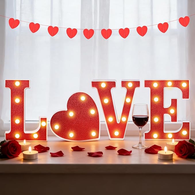 3 Pcs LED Marquee Light Up Letters Black Boo Sign Halloween Decorations Indoor Boo Halloween Lights for Home Kitchen Tabletop Fireplace Party Decoration (Red Love)