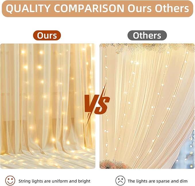 10x10FT Champagne Wrinkle Free Backdrop Curtains with Lights String for Parties - Photo Curtain Backdrop with Lights for Wedding Decorations, Bridal Baby Shower Birthday Party Photography Background