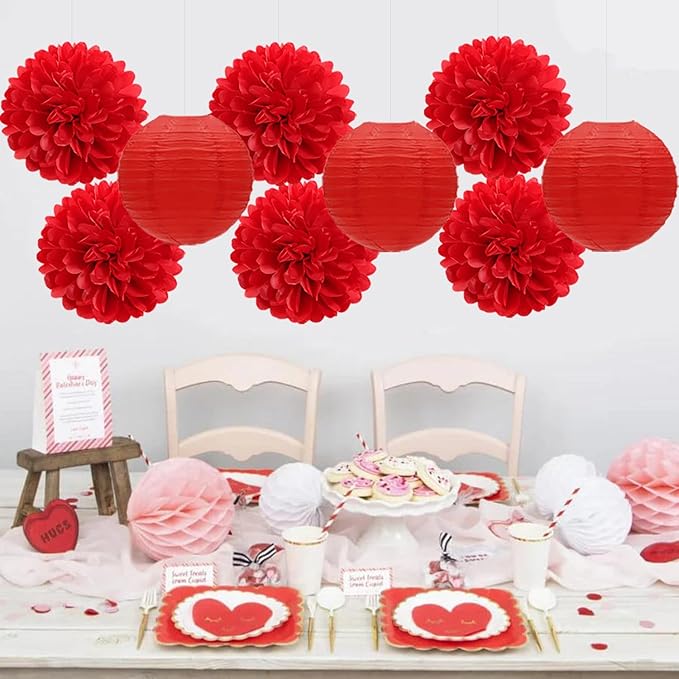 Red Valentines Day Paper Flowers Tissue Pom Poms Hearts Honeycomb Lanterns 15pcs Galentines Party Decorations Anniversary Love Birthday Wedding Baby Shower Hanging Supplies Mprocherify