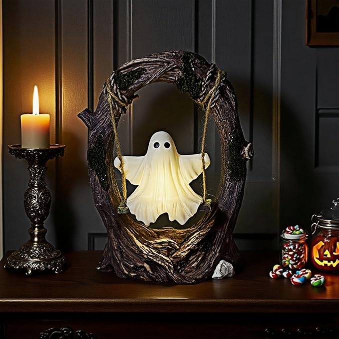 Swinging Ghost on Tree Swing, Cute Swinging Ghost Halloween Figurine Indoor Decoration, Desktop & Bookshelf Decor, Outdoor Courtyard Garden Decoration, Halloween Ghost Gift