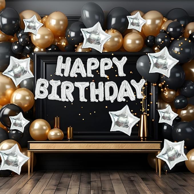 TONIFUL 35PCS Silver Happy Birthday Decorations 16 Inch Happy Birthday Balloon Banner with Star Balloons Mylar Foil Birthday Party Decorations Supplies for Men Women Adults Girls Boys Kids