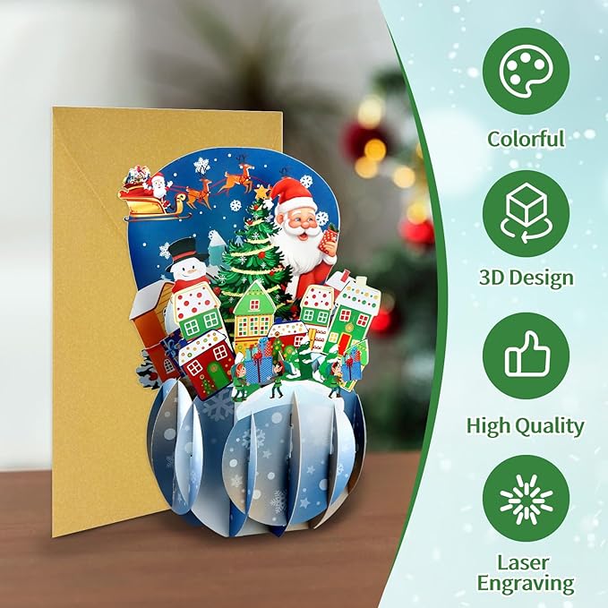 FaCraft Pop Up Christmas Card - with Envelope and Seal, Handmade 3D Merry Christmas Gift for Winter, Holidays, New Year (Santa, Gnome Town)