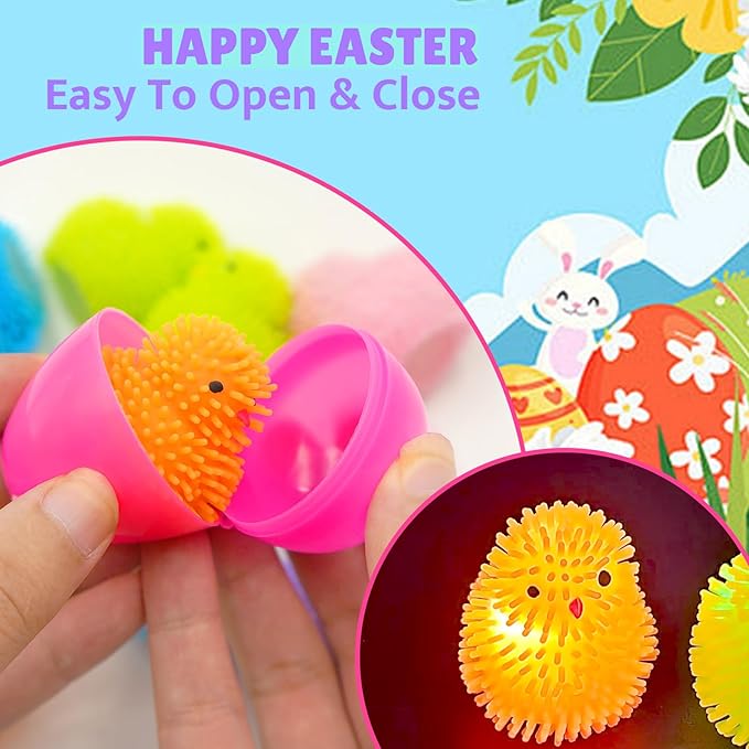 12 Pack Easter Egg Fillers Chick LED Puffer Balls ,LED Light up Toys Flashing Spiky Toys Bulk Glow in The Dark for Kids Boys Girls Classroom Prizes Easter Basket Stuffers Party Favors