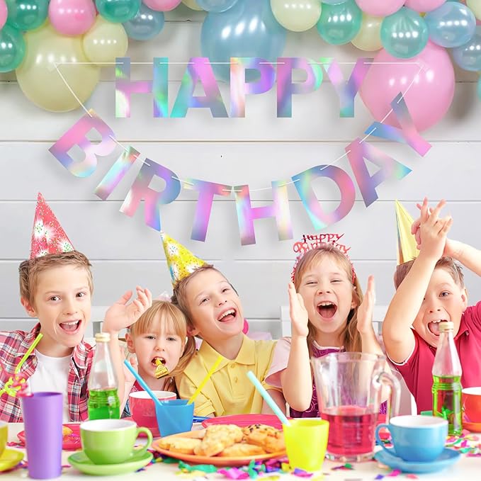 Happy Birthday Banner - 9ft Pre-Strung Happy Birthday Sign for Women, Men, Girls, Boys - No DIY Birthday Decorations & Party Supplies(Iridescent)