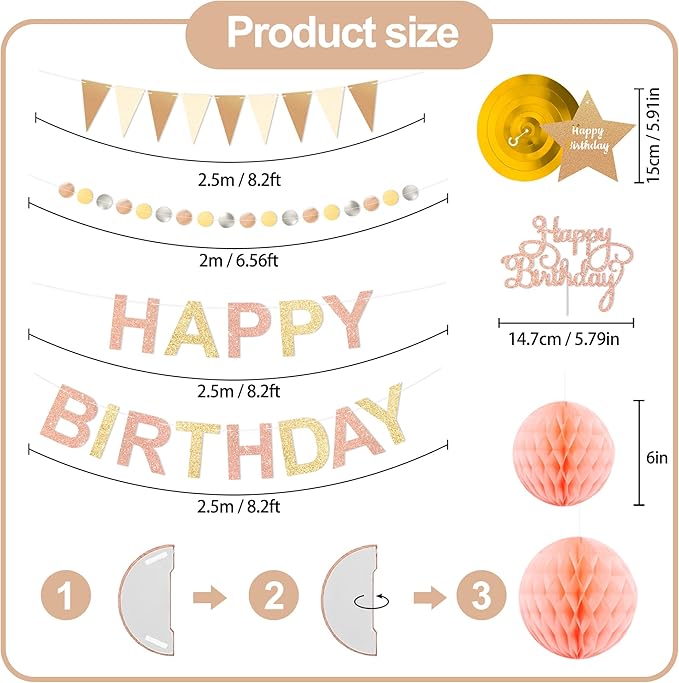 Birthday Decorations Pre-Strung Happy Birthday Banner for Women Girls Champagne Gold Birthday Banners with Pennant Honeycomb Balls Cake Topper Stars Hanging Swirl Streamers Circle Dots Garland