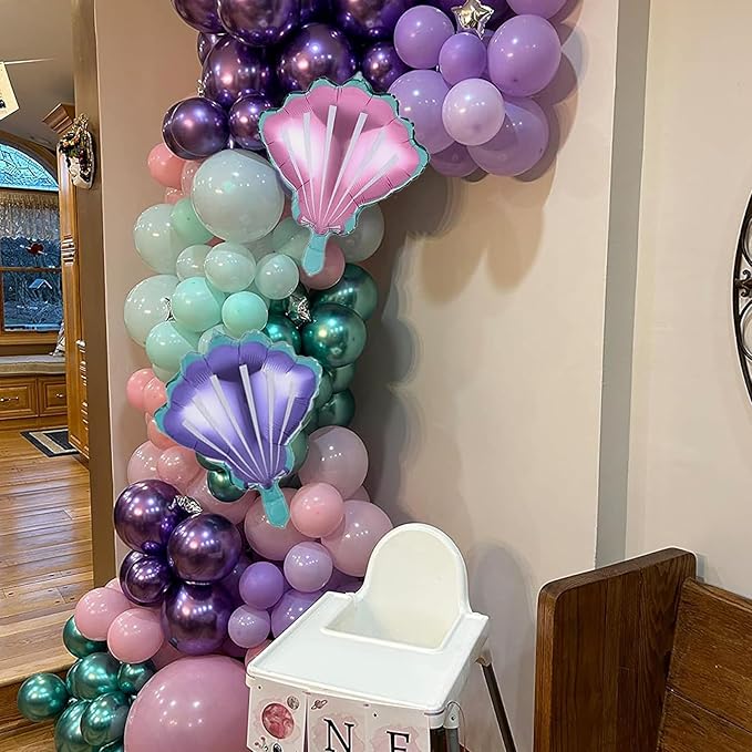 Mermaid Balloon Garland Arch Kit, 106 Packs Metallic Purple Pink Green Blue Latex Balloons with Mermaid Tail Seashell Foil Balloons for Girls Birthday, Baby Shower Party Decorations
