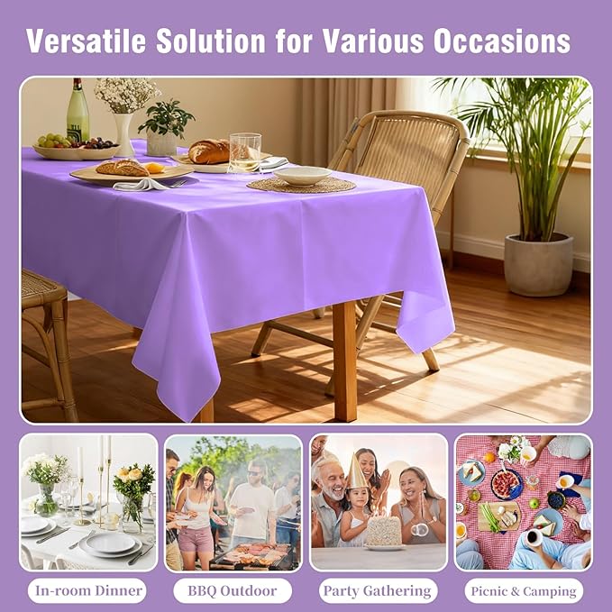 Purple Tablecloth - 3 Pack 54" × 108" Rectangle Disposable Light Purple Tablecloth, Lavender Waterproof Plastic Table Cover for Party, Wedding, Lavender Birthday Decoration