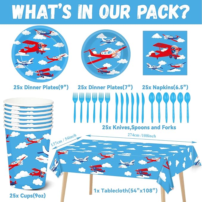 184pcs Airplane Birthday Party Supplies Set Includes Airplane Plates Napkins Tablecloth Swirl Banner Tableware Kit Dispose Airplane Birthday Table Decorations Favors, Serve 25