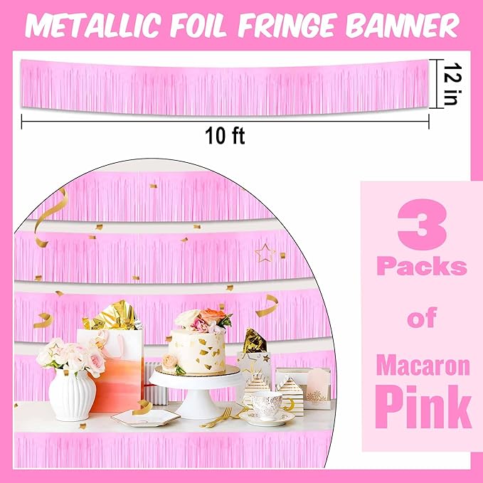 3 Pack 10 Ft Macaron Pink Foil Fringe Garland Metallic Streamers Tinsel Banner Wall Hanging Garland Backdrop for Parade Floats, Halloween, Christmas, Thanksgiving, New Year Party Decorations