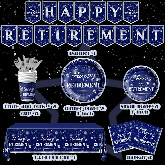142Pcs Retirement Tableware Party Decorations Happy Retirement Party Supplies Sliver Blue Plastic Disposable Banner,Cup,Tablecloth,Plates and Napkins Sets