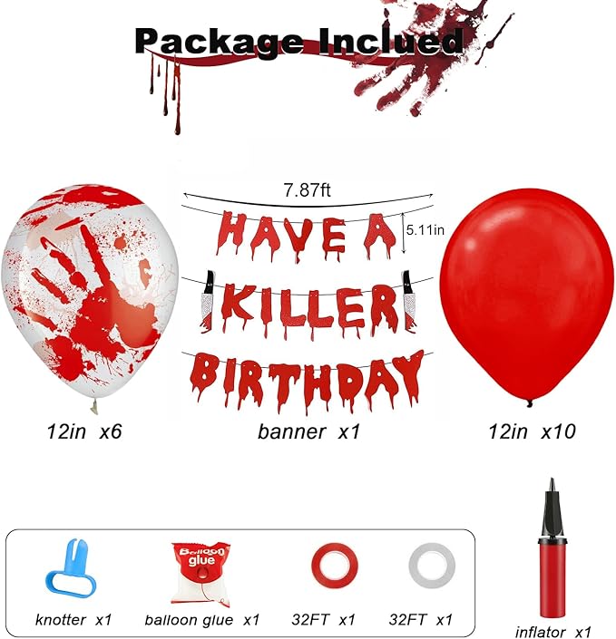 Leesoot 16pcs 12inch Red + Blood Handprint Balloons + Have a Killer Birthday Party Banner for Halloween Bloody Party Spooky Party Terror Decoration Zombie Vampire Party